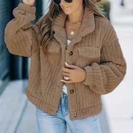Women's Solid Faux Fur Trucker Jacket - Casual Long Sleeve Winter Coat for Fall & Winter