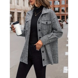 Houndstooth Flap Pockets Jacket, Casual Long Sleeve Single Breasted Jacket, Women's Clothing