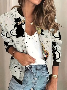 Graphic Print Zipper Jacket, Casual Baseball Neck Long Sleeve Outerwear, Women's Clothing