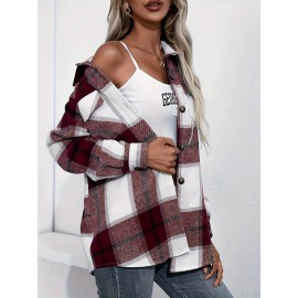 Plaid Button Front Jacket - Casual Lapel Long Sleeve Outwear for Women