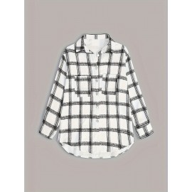 Women's Plaid Classic Shacket Jacket - Casual Button Front Long Sleeve Outerwear