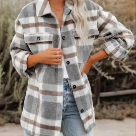 Women's Stylish Plaid Button Down Long Sleeve Jacket - Loose Lapel Design