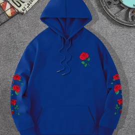 Red Rose Print Men's Hooded Sweatshirt - Casual Long Sleeve Pullover for Autumn/Winter - Great Gift for Men