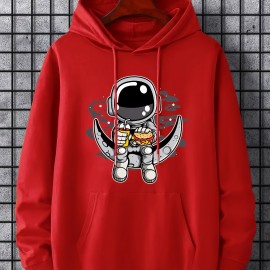 Cartoon Astronaut & Moon Print Hoodie, Hoodies For Men, Men's Casual Graphic Design Pullover Hooded Sweatshirt With Kangaroo Pocket Streetwear For Winter Fall, As Gifts