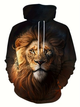 Men's Lion Print Hoodie - Casual Graphic Design Pullover Sweatshirt with Kangaroo Pocket for Winter Fall