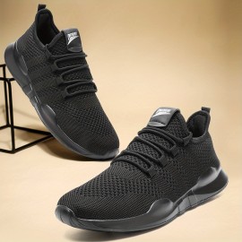Men's Trendy Lace Up Knit Fabric Breathable Running Shoes, Comfy Soft Sole Shock Absorption Sneakers
