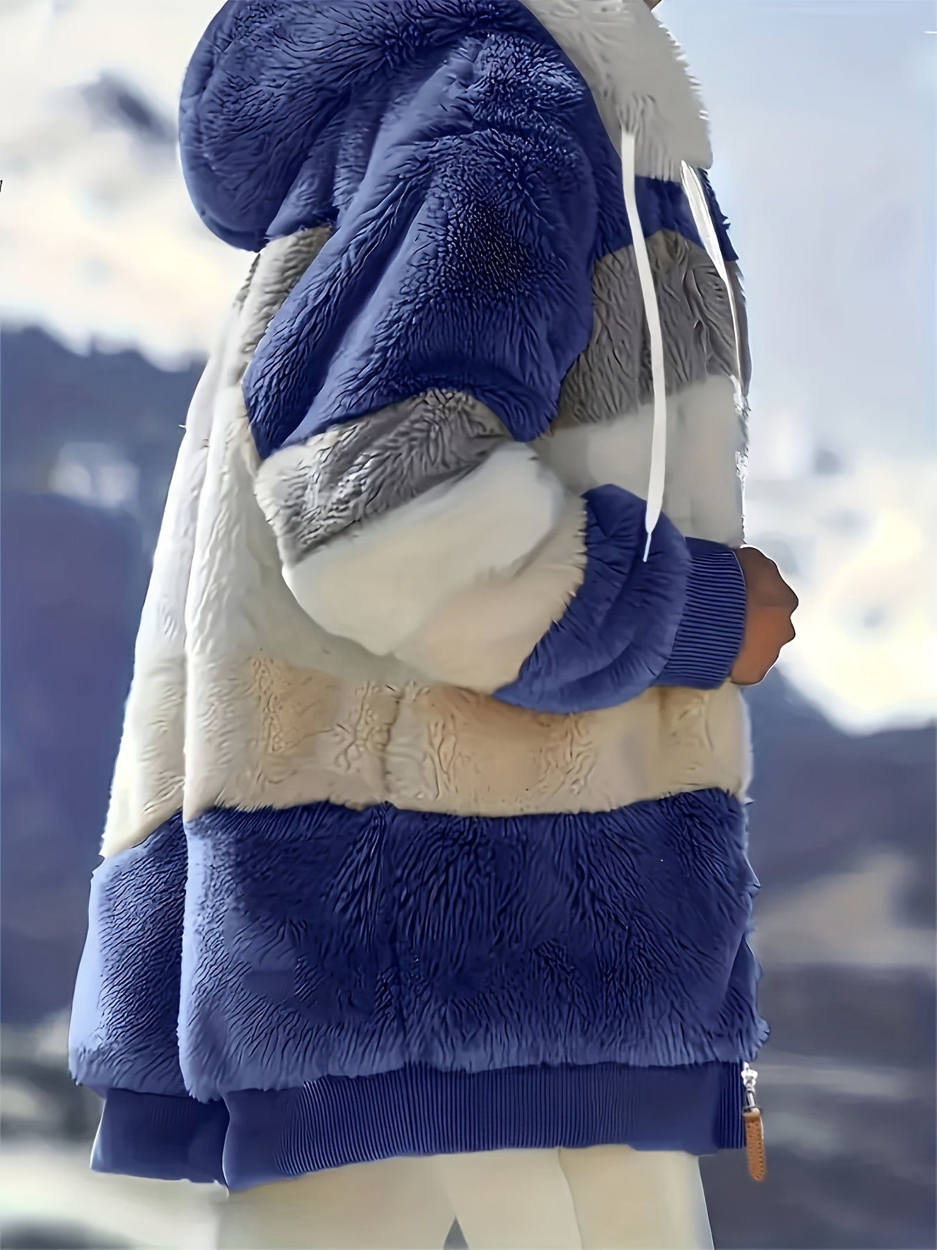 color block fuzzy hooded coat casual long sleeve winter warm outerwear womens clothing details 17